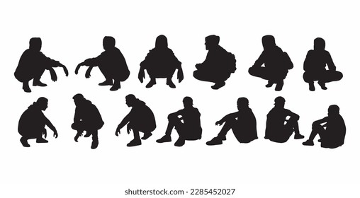 vector set of silhouettes of men squatting with multiple slides and styles