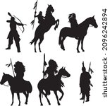 Vector set of silhouettes of native Americans. The shadows of the Indians of the various tribes of America. Incas, Maya, Aztecs, Marlborough. People on horseback
