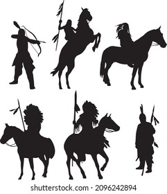 Conjunto vectorial de siluetas de nativos americanos. Las sombras de los indios de las diversas tribus de América. Incas, Maya, Aztecas, Marlborough. Personas a caballo
