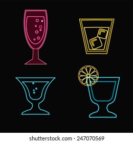 vector set silhouettes of neon Cocktail glasses - Illustration 
