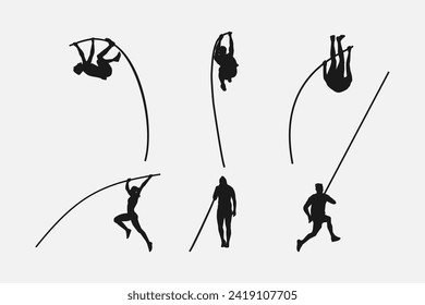 Conjunto vectorial de siluetas de la bóveda de palo. deportes, atletismo, temas de actividad. Aislado sobre fondo blanco. ilustración vectorial.