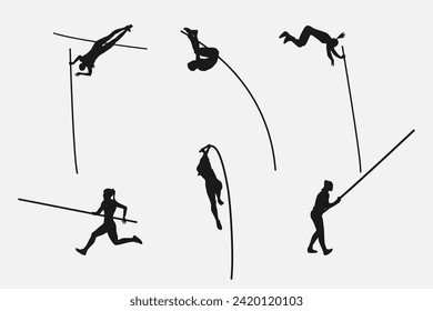 Conjunto vectorial de siluetas de la bóveda de palo. deportes, atletismo, temas de actividad. Aislado sobre fondo blanco. ilustración vectorial.