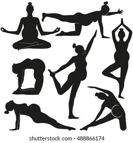 A vector set of silhouettes of the pregnant women who are carrying out yoga
 Yoga for pregnant women. A number of exercises for pregnant women. Healthy lifestyle. The isolated vector illustration.
