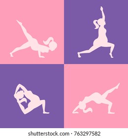 vector set of silhouettes of the pregnant women doing yoga