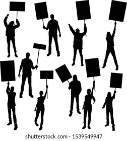 Vector set of silhouettes of protesters with posters of men and women isolated on white background.