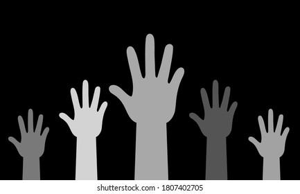 Vector set of silhouettes raised up different hands. Raised hands silhouette isolated.Hands Raised Up - Symbol of Freedom the Choice, Fun. gray hands up over square background. multicolor, black