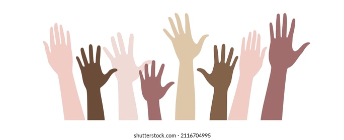 Vector set of silhouettes raised up different hands. Hands of people with different skin colors.