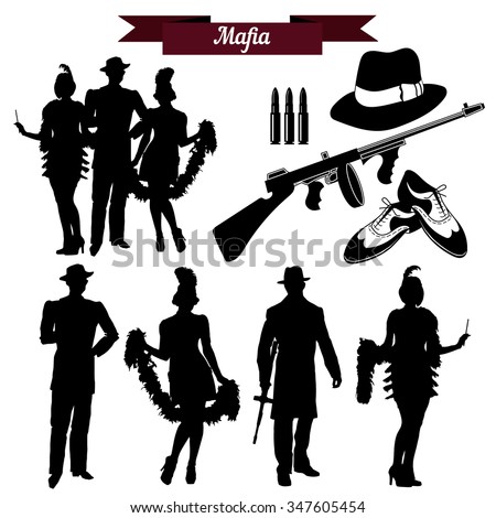 Vector set of silhouettes in retro 1930s. Mafia theme, gangsters retro 1930s style.