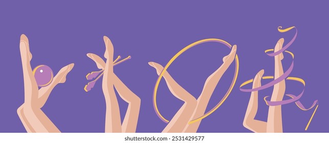 Vector set, silhouettes of rhythmic gymnast's legs with ball, ribbon, clubs and hoop.