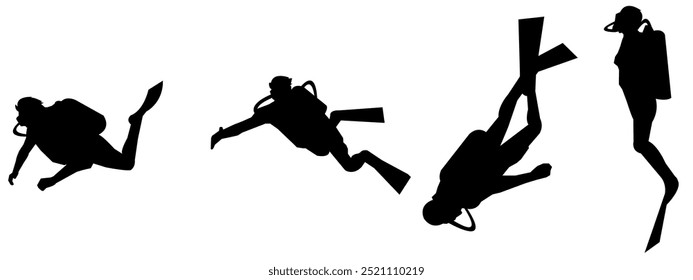 Vector conjunto de siluetas de buceo, buceo, snorkel, natación, concepto de deportes extremos. Fondo aislado. Ilustración vectorial.