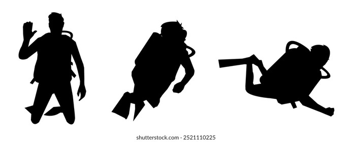 Vector set of silhouettes of scuba, diving, snorkeling, swimming, extreme sports concept. Isolated background. Vector illustration.