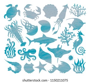 Vector set of silhouettes of sea animals. Stencil marine life. Undersea world.