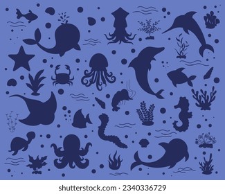 Vector set of silhouettes of sea animals.