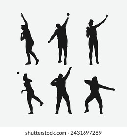 Vector set silhouettes of shot put thrower, athletes. sports, athletics, competition theme. Isolated on white background.