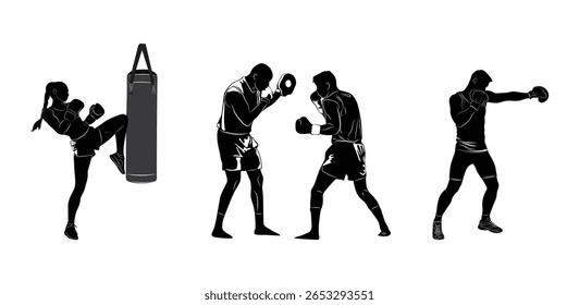 Conjunto vetorial de silhuetas mostrando boxe e treinamento de Muay Thai, incluindo socos, chutes e pad.