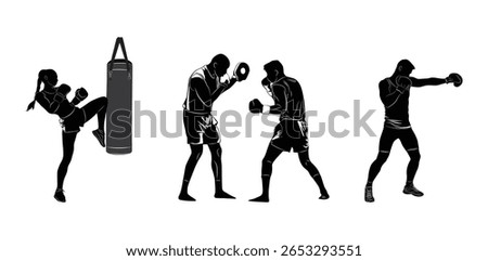Vector set of silhouettes showing boxing and Muay Thai training, including punching, kicking, and pad work.