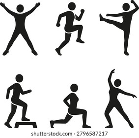 Vector set of silhouettes showing men and women engaging in fitness activities yoga and strength training gym exercises.