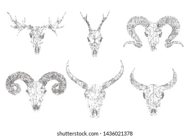 Vector set of silhouettes skulls of horned animals buffalo, deer, bull and ram on white background. Grunge style. Monochrome image. For you design, print, tattoo or magic craft.
