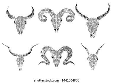 Vector set of silhouettes skulls of horned animals: wild buffalo, bull, goats and ram on white background. Grunge style. Monochrome image. For you design, print, tattoo or magic craft.