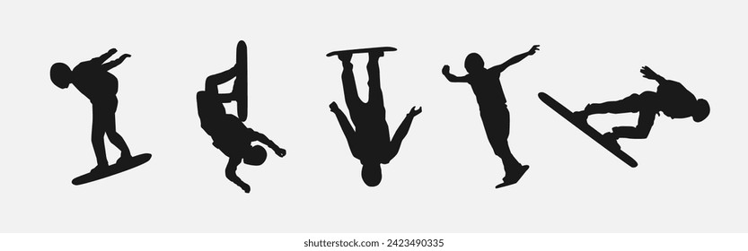 Vector set silhouettes of skysurfing. Extreme sport, sky dive. Isolated on white background.