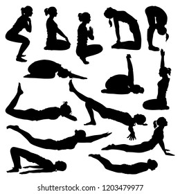 Vector set of silhouettes of slim girl practicing yoga stretching exercises. Shapes of woman doing yoga fitness workout. 