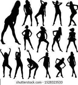 Vector set of silhouettes of slim girls with long hair. Black icons of women in different poses isolated on a white background