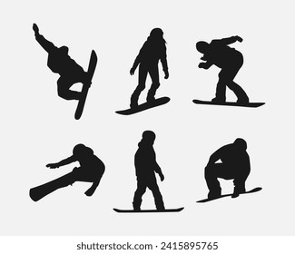 Vector set silhouettes of snowboarder. Snowboard sport. Isolated on white background.