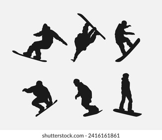 Vector set silhouettes of snowboarder. Snowboard sport. Isolated on white background.