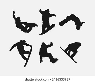 Vector set silhouettes of snowboarder. Snowboard sport. Isolated on white background.