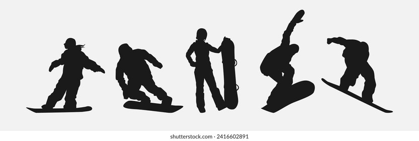 Vector set silhouettes of snowboarder. Snowboard sport. Isolated on white background.