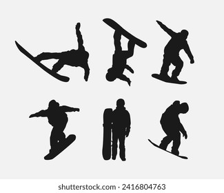 Vector set silhouettes of snowboarder. Snowboard sport. Isolated on white background.