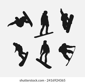 Vector set silhouettes of snowboarder. Snowboard sport. Isolated on white background.