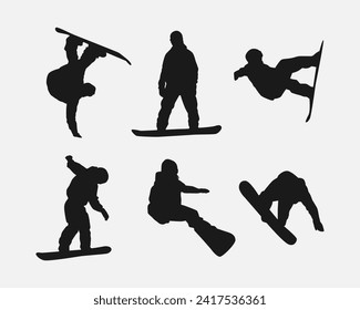 Vector set silhouettes of snowboarder. Snowboard sport. Isolated on white background.