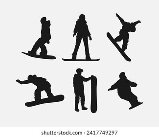 Vector set silhouettes of snowboarder. Snowboard sport. Isolated on white background.