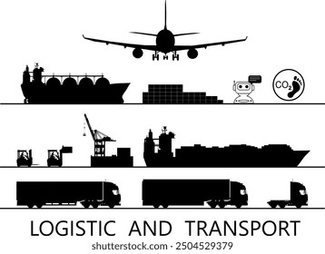 Conjunto de Vectores Siluetas Transporte y logística - Comercio y economía - Importación y exportación de bienes