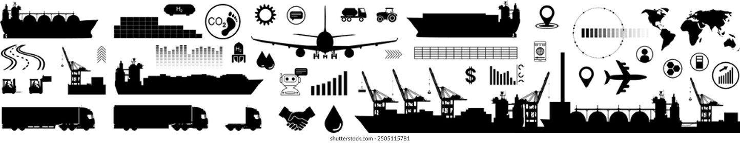 Vector Set Silhouettes Transportation and logistics - Trade and economy - Import and export of goods - Icons and symbols