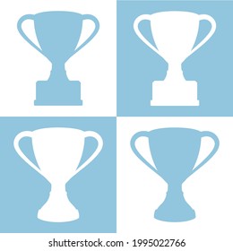 Vector set of silhouettes of trophy cups on white and light blue background.