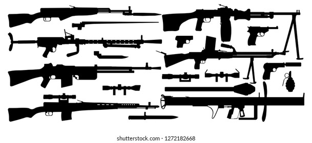 Vector set silhouettes, various military weapons. Objects pistol, machine gun, sniper rifle, grenade launcher, submachine gun. Retro, World War 2