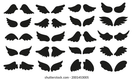 Vector set of silhouettes wings. Hand-drawn, doodle elements isolated on white background.