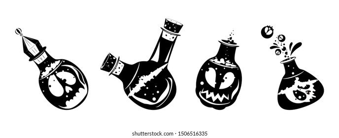 Vector set silhouettes of witchcraft potions for Halloween. Transparent background