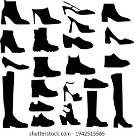 Vector set of silhouettes of womens shoes isolated on white background. Black icons of womens spring, summer, winter shoes