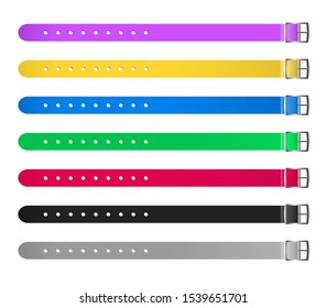 Vector set of silicon waterproof wristbands or bracelets with closing watch mechanism in most common colors. Hand entrance access control suitable for sport. Templates are isolated on white background
