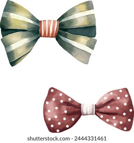 Vector Set of Silk striped green bow, red gift bow with points in watercolor style. Template for gift decoration, greeting cards, invitation, wedding card, save the date, celebration, anniversary.