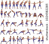 Vector set of sillhouettes of woman doing fitness work out and yoga stretching in different standing poses. Fitness and yoga girl icons isolated on white background.