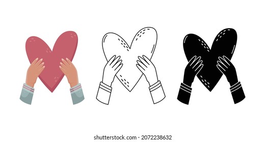 Vector set with sillustration of a man holding a heart in his hands. Hand gestures. Simple style, outline and flat style illustrations.