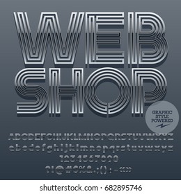Conjunto vectorial de letras del alfabeto plateado. La fuente contiene un estilo gráfico. Icono con texto Web Shop.