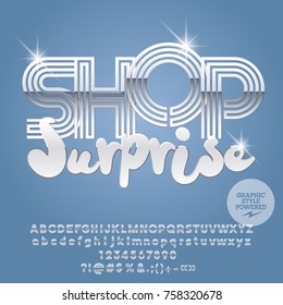 Vector set of silver alphabet letters. Font contains graphic style. Vector icon with text Shop Surprise.