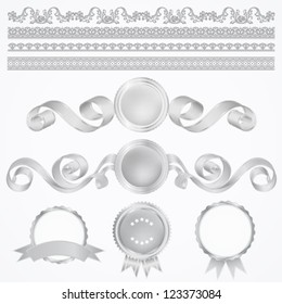 Vector set: Silver Awards and borders. Abstract design elements. Usable for different certificates, diplomas or different awards. Isolated silver medals with ribbons (sign of winner). Second place