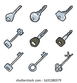 Vector Set of Silver Color Doodle Keys Icons.