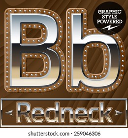 Vector set of silver country style font with wooden rivet border. Letter B